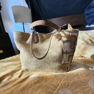 Tory Burch Beige Woven Tote with Leather Trim